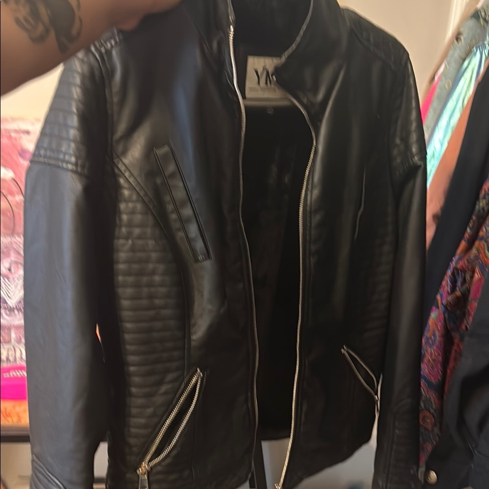 Black Leather Jacket with Zipper Details